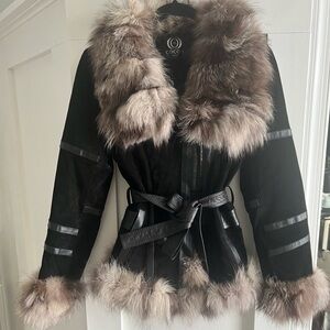 Black Suede with Genuine Leather Trim Fox Fur Jacket